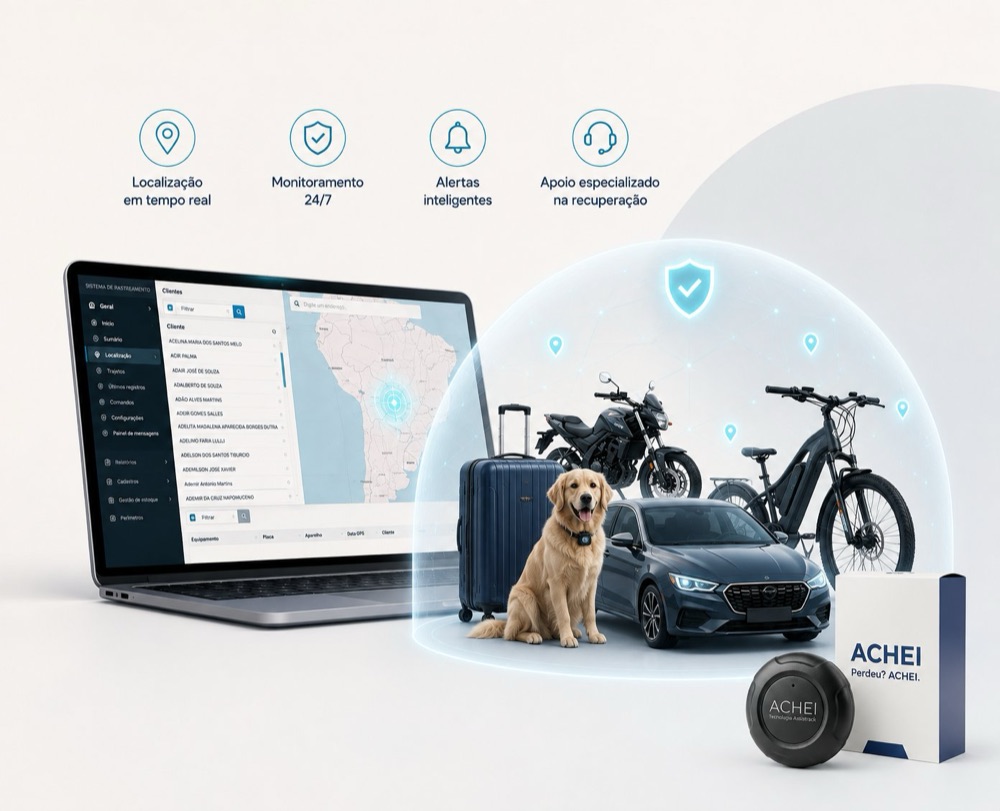 ACHEI protegendo pet, bike, moto, mala e carro, com a plataforma no notebook